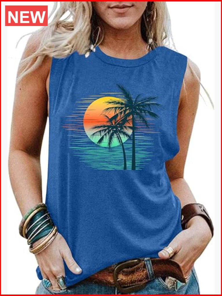 Palm Tree Beach Tank Top Sleeveless Summer Vacation Outfit